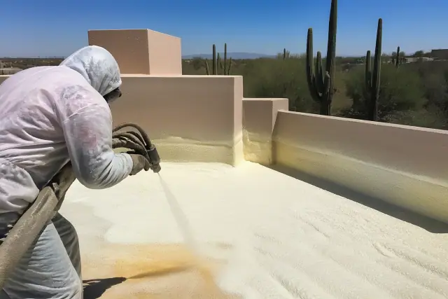 Contractor applying polyurethane foam roofing to a building in Tucson, AZ with desert landscape in the background.