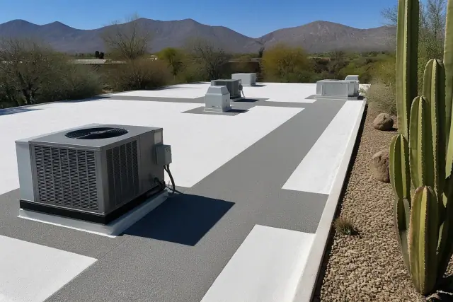 Granulated walkways and equipment pads on a roof in the Sonoran Desert, Tucson, AZ.
