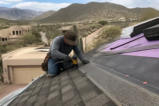 Contractor installing impact-resistant shingles on a steep residential roof in the Tucson, AZ foothills.