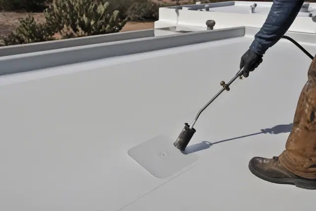 Heat-welded roof membrane patch over a puncture on a commercial building in Tucson, AZ, with prickly pear cacti nearby.