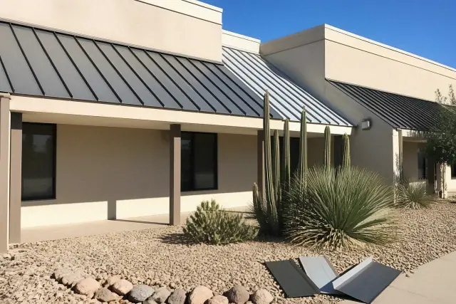 Kynar 500 and SMP metal roofing on a commercial building in Tucson, AZ with standing seams and xeriscaping.