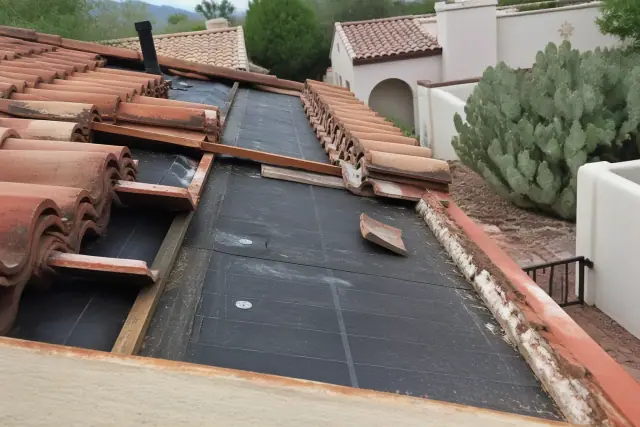 Exposed roof deck with new underlayment, removed terracotta tiles, and cacti in a Tucson, AZ residential backyard.