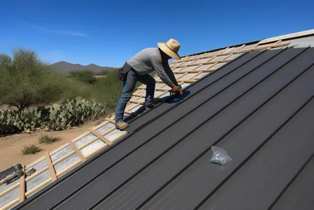 Worker installing standing seam metal roof panels on a sloped frame under the bright sun in Tucson, AZ.