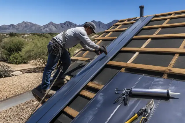 A worker secures metal roofing panels with sealant and tools on a sloped roof in Tucson, AZ.