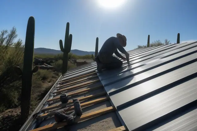 Worker installing standing seam metal roof panels on a sloped roof in Tucson, AZ with saguaro cacti in the background.