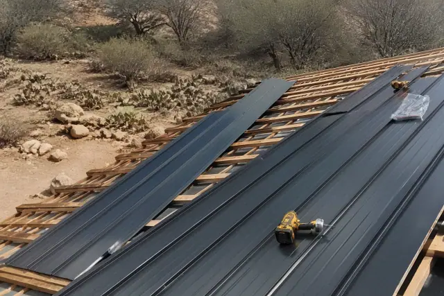 Worker installing standing seam metal roofing panels on a desert home in Marana, AZ.