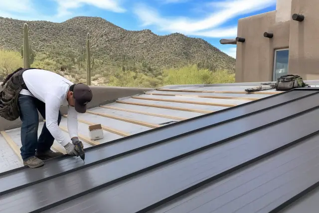Worker fastening standing seam metal panels to a roof frame in Catalina Foothills, AZ, with saguaro cacti in the background.