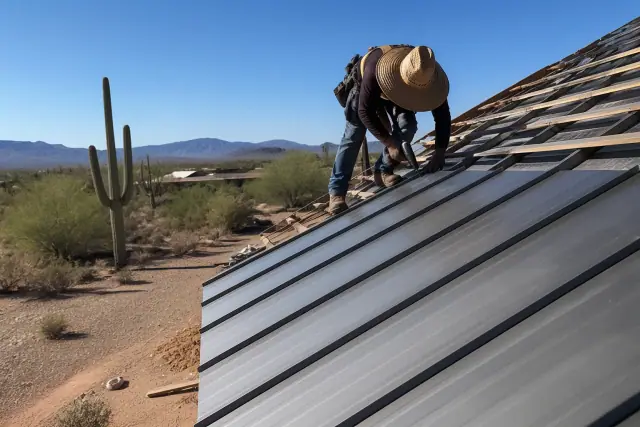Worker installing standing seam metal roofing on a sloped framework at a job site in Tucson, AZ.