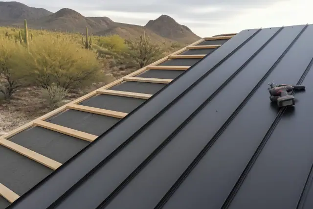 Worker installing standing seam metal roofing panels on a sloped roof frame in Vail, AZ.
