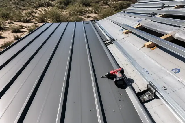 Metal standing seam roof installation on a sloped framework under bright sunlight in Sahuarita, AZ.