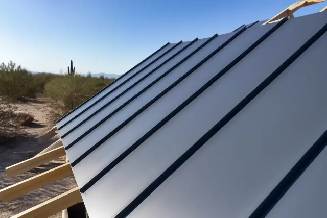 Standing seam metal roof panels fastened to a sloped frame under bright sunlight in Flowing Wells, AZ.