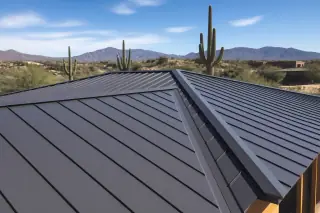 Finished standing seam metal roof on a house in Tucson, AZ with saguaro cacti in the background.