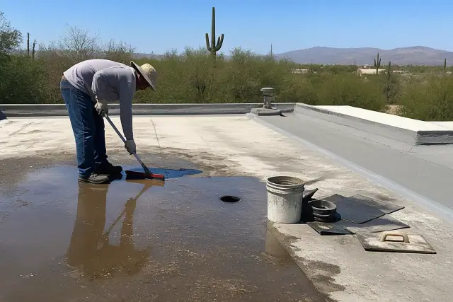 Flat roof drainage repair with standing water removal in Tucson, AZ, featuring desert landscape in the background.