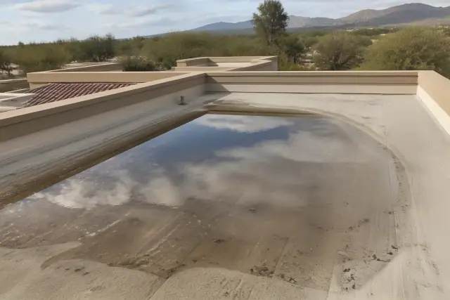 Stagnant ponding water on a flat commercial roof with stucco parapet walls in Tucson, AZ.