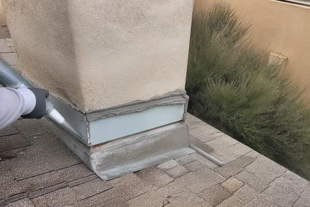 Technician applying sealant to chimney flashing on a roof in Tucson, AZ.