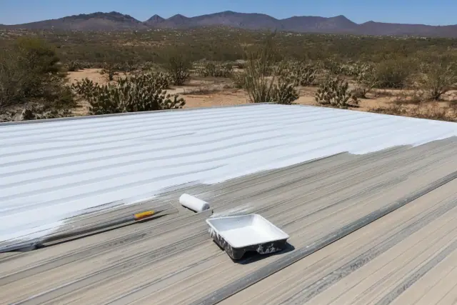 Partially coated metal roof with white sealant, roller, and tray, with desert mountain views in Tucson, AZ.