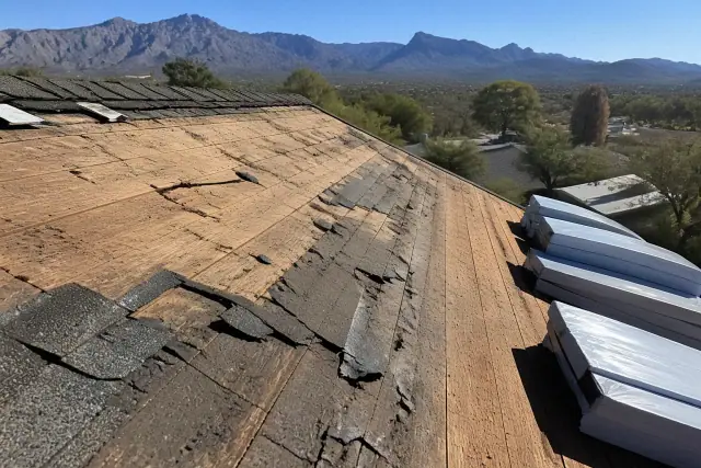 Damaged asphalt shingles and new replacement bundles on a roof in Tucson, AZ.