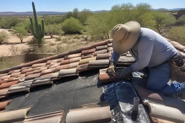 A roofer inspecting clay roof tiles and waterproof underlayment at a job site in Tucson, AZ.