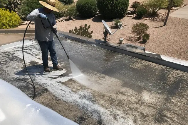 Contractor using a pressure washer to clean a residential roof in Tucson, AZ, before applying reflective coating.