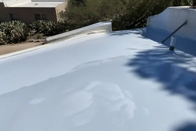 Freshly applied reflective liquid roof coating on a residential flat roof in Tucson, AZ with nearby prickly pear cacti.