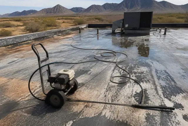Pressure washer on a weathered roof surface during surface preparation in Marana, AZ.