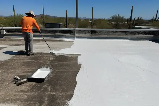 White elastomeric roof coating being applied to a flat commercial roof with saguaro cacti in the distance in Tucson, AZ.