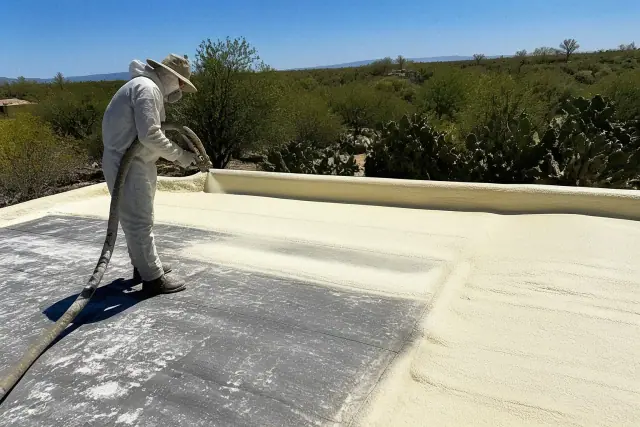 Contractor applying polyurethane foam insulation to a flat roof in Tucson, AZ, with desert cacti in the background.