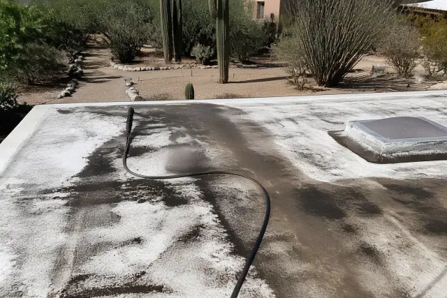 Pressure washer cleaning a weathered residential roof in Tucson, AZ, during surface preparation for coating.