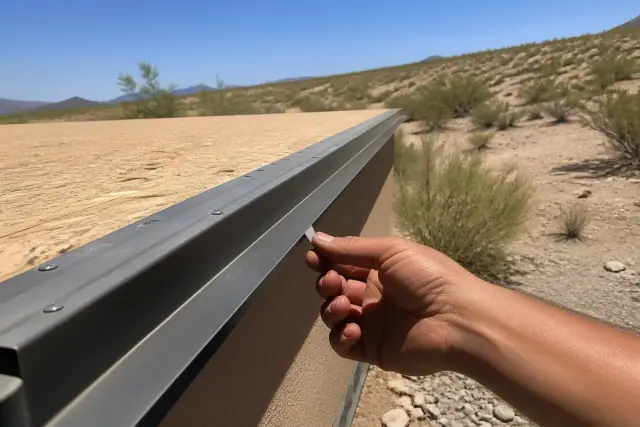 Contractor inspecting metal drip edge alignment on a residential roof in Tucson, AZ with desert scrub in the background.