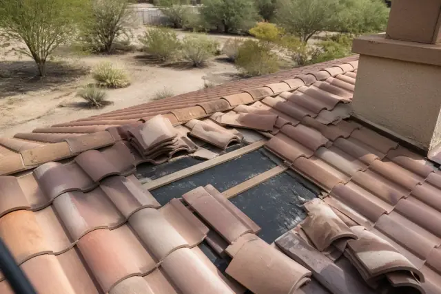 A roofer removing clay tiles to inspect the waterproof underlayment on a residential roof in Tucson, AZ.