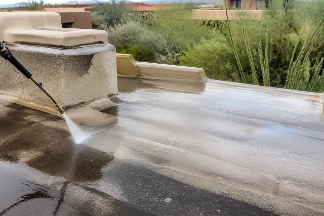 Pressure washing a weathered roof surface during maintenance in Tucson, AZ.