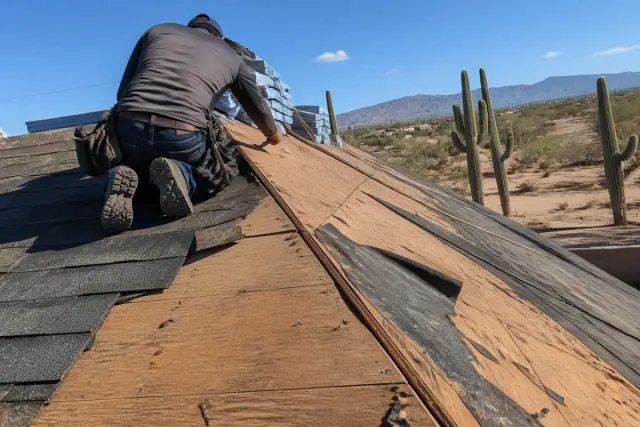 A contractor securing shingle bundles on a steep residential roof in Tucson, AZ, with saguaro cacti in the background.