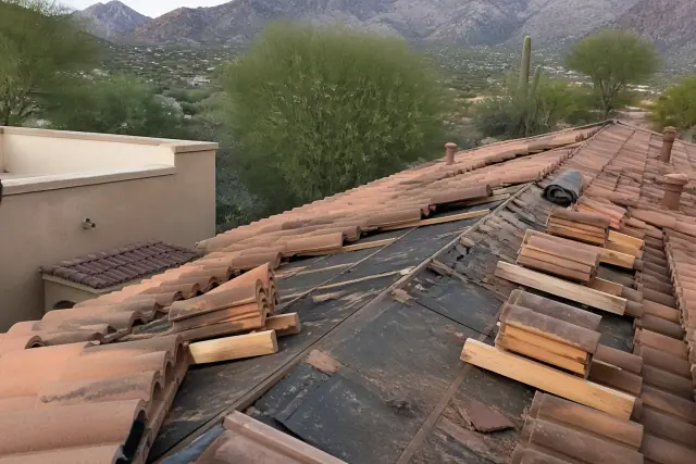Roof repair showing exposed underlayment and loose clay tiles on a home in Casas Adobes, AZ.