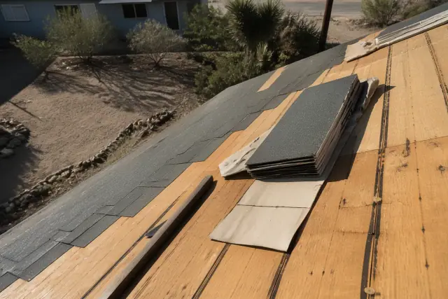 Bundles of shingles and roofing materials on a steep-sloped roof in Drexel Heights, AZ under desert sunlight.