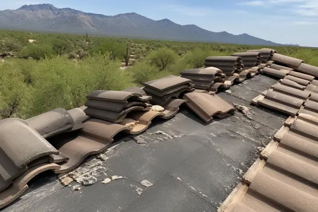 Clay roof tiles stacked on a roof in Marana, AZ, exposing the aged waterproof underlayment during a repair.
