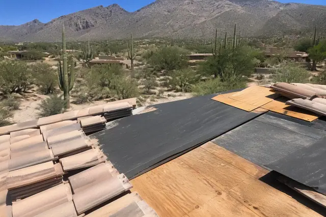 Roof tile repair showing exposed underlayment and plywood in the Catalina Foothills, AZ with mountain landscape background.
