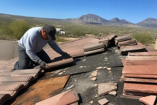 Roofer inspecting clay tiles and waterproof underlayment during a roof repair project in Green Valley, AZ.