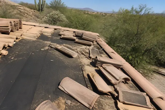 Clay roof tiles being inspected and removed on a residential roof in Tanque Verde, AZ, with exposed underlayment.