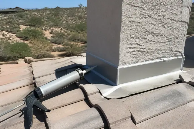 Technician applying sealant to a chimney flashing on a stucco roof in Tucson, AZ.
