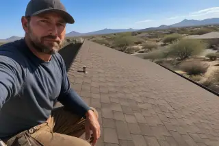 Contractor inspecting a newly shingled roof with Sonoran desert landscape in the background in Tucson, AZ.