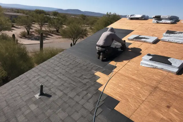Technician installing asphalt shingles on a steep roof in Sahuarita, AZ with desert landscape in the background.