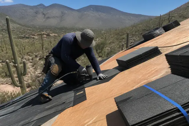 Technician installing shingles on a steep roof in Oro Valley, AZ, with desert landscape in the background.