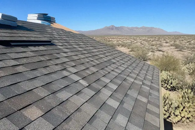 Technician installing shingles on a roof deck with a mountain view in Vail, AZ.