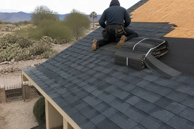 Contractor kneeling on a sloped roof installing asphalt shingles in Drexel Heights, AZ.