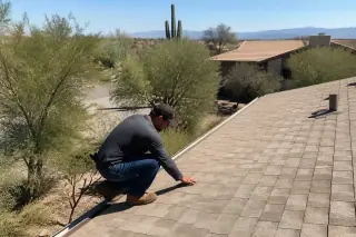 Contractor inspecting a completed residential roof and gutter edge under midday sun in Tucson, AZ.
