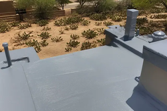 Freshly applied rubberized flexible coating on a flat roof in Tucson, AZ with desert cacti in the background.