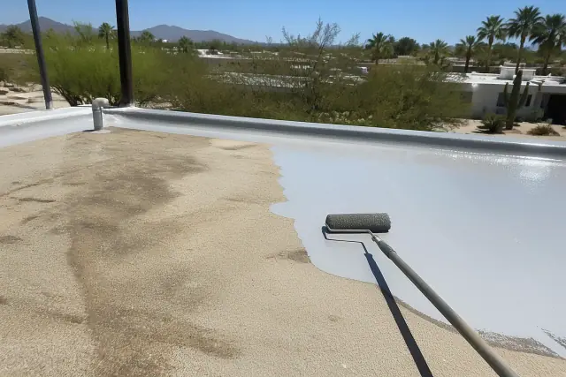 Contractor applying rubberized roof coating to a flat residential roof in Tucson, AZ, with desert landscaping in view.