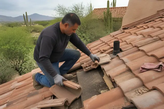 A roofer repairs clay tiles on a stucco home with a Sonoran desert backdrop in Tucson, AZ.