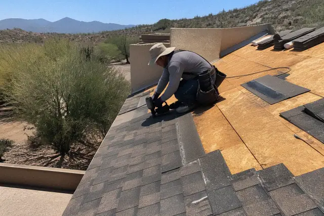 Technician kneeling on a steep shingle roof while performing a repair at a residence in Tucson, AZ.