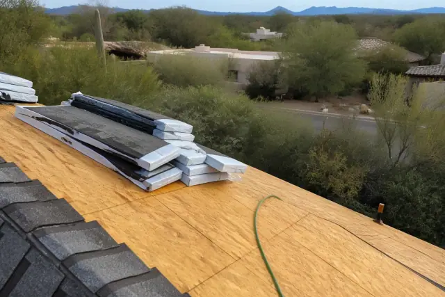 Technician kneeling on a steep shingled roof under construction at a residential jobsite in Casas Adobes, AZ.